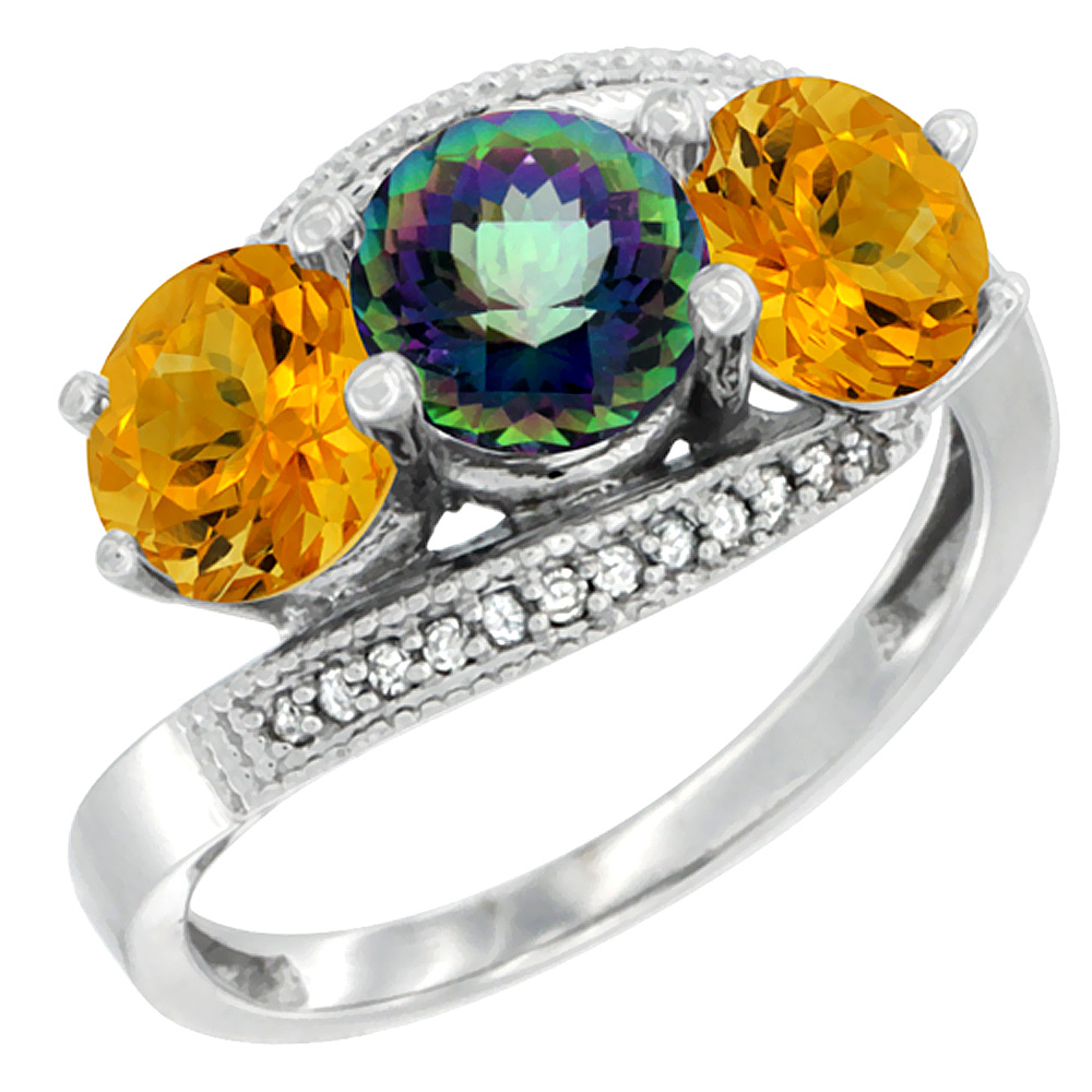 10K White Gold Natural Mystic Topaz &amp; Citrine Sides 3 stone Ring Round 6mm Diamond Accent, sizes 5 - 10