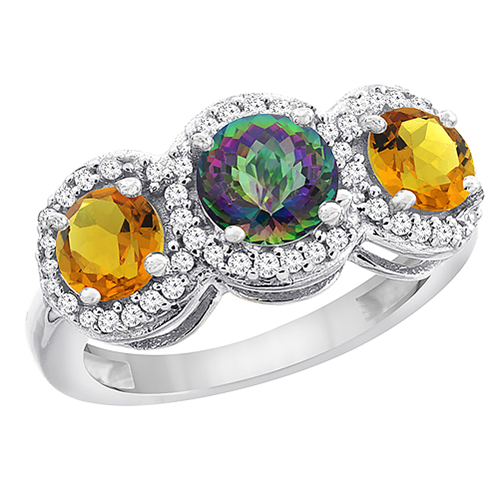 10K White Gold Natural Mystic Topaz &amp; Citrine Sides Round 3-stone Ring Diamond Accents, sizes 5 - 10