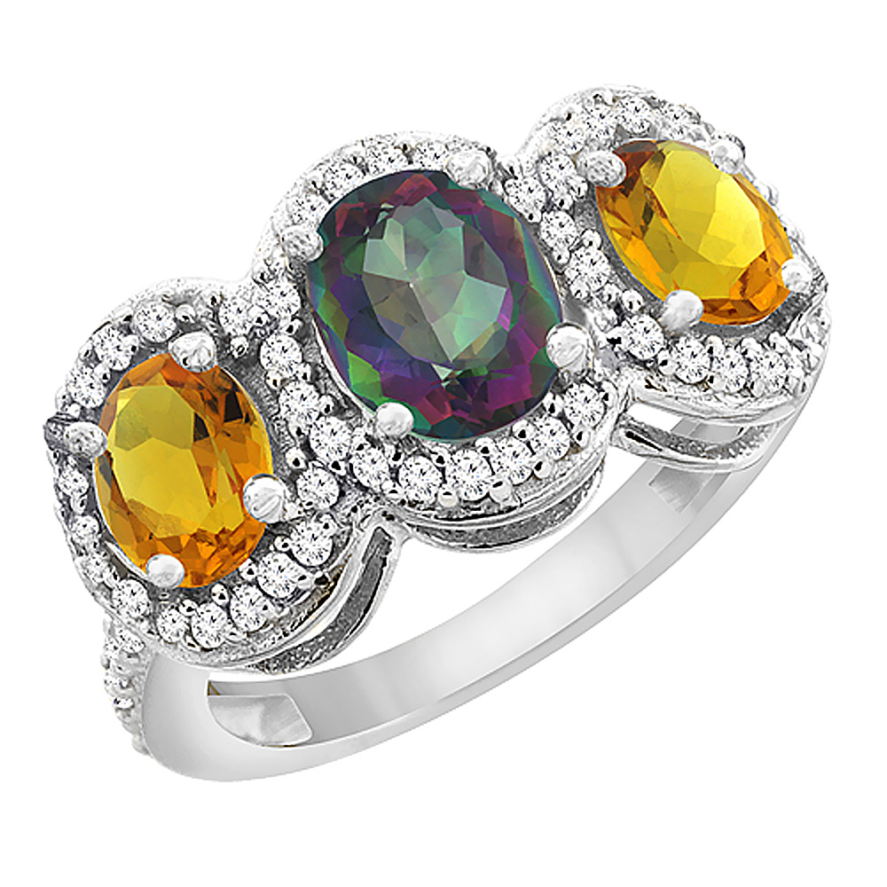 10K White Gold Natural Mystic Topaz &amp; Citrine 3-Stone Ring Oval Diamond Accent, sizes 5 - 10