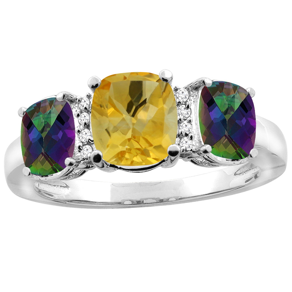 10K White Gold Natural Citrine & Mystic Topaz 3-stone Ring Cushion 8x6mm Diamond Accent, sizes 5 - 10