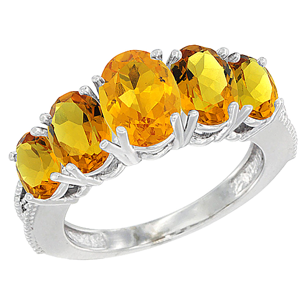 14K White Gold Diamond Natural Citrine Ring 5-stone Oval 8x6 Ctr,7x5,6x4 sides, sizes 5 - 10