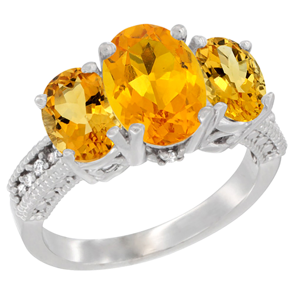 14K White Gold Diamond Natural Citrine Ring 3-Stone Oval 8x6mm, sizes5-10