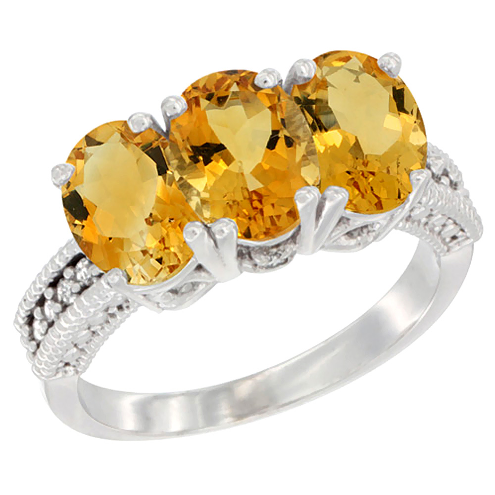 14K White Gold Natural Citrine Ring 3-Stone 7x5 mm Oval Diamond Accent, sizes 5 - 10