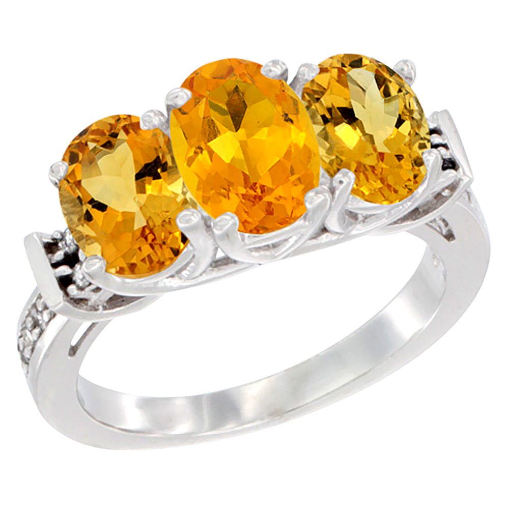 14K White Gold Natural Citrine Ring 3-Stone Oval Diamond Accent, sizes 5 - 10