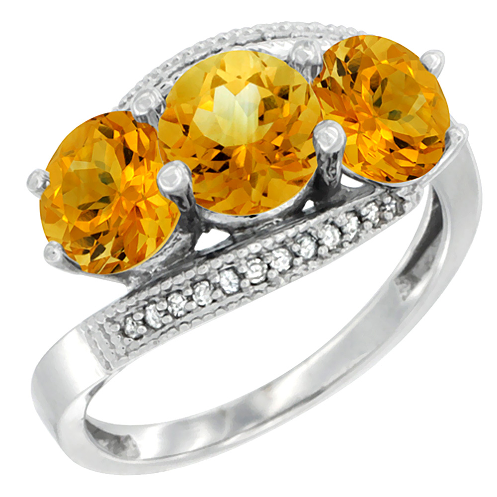 14K White Gold Natural Citrine 3 stone Ring Round 6mm Diamond Accent, sizes 5 - 10