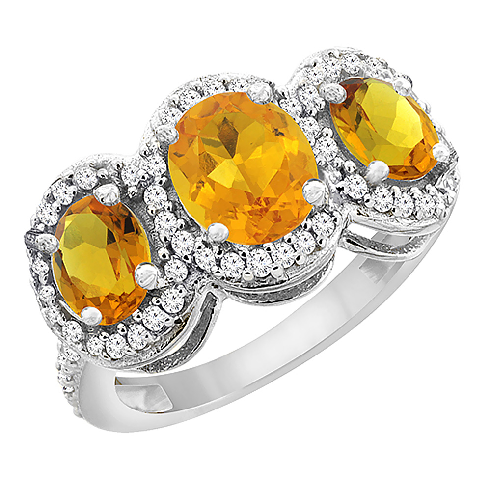 14K White Gold Natural Citrine 3-Stone Ring Oval Diamond Accent, sizes 5 - 10