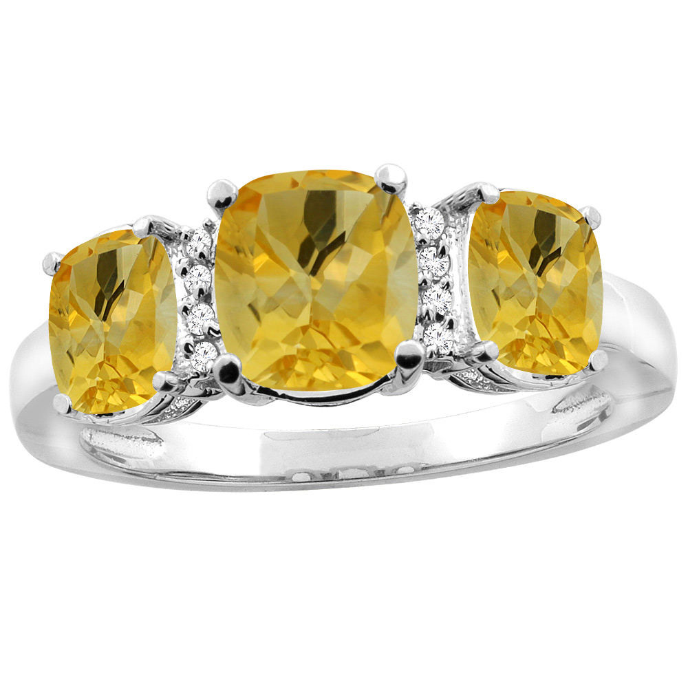 14K White Gold Natural Citrine 3-stone Ring Cushion 8x6mm Diamond Accent, sizes 5 - 10