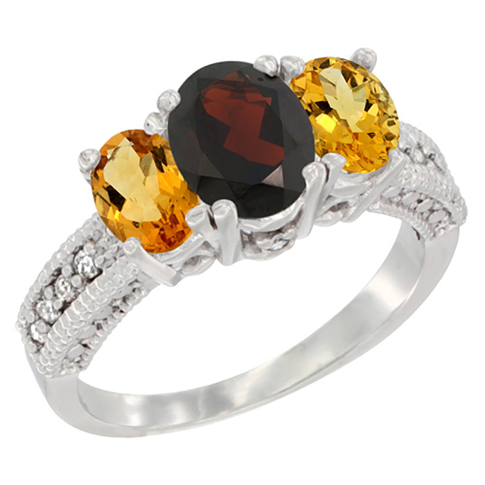 10K White Gold Diamond Natural Garnet Ring Oval 3-stone with Citrine, sizes 5 - 10