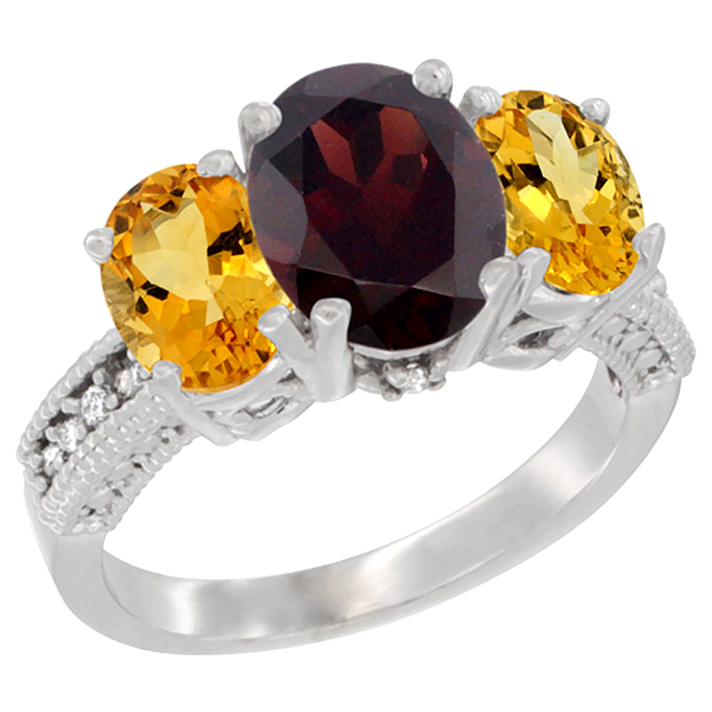 10K White Gold Diamond Natural Garnet Ring 3-Stone Oval 8x6mm with Citrine, sizes5-10