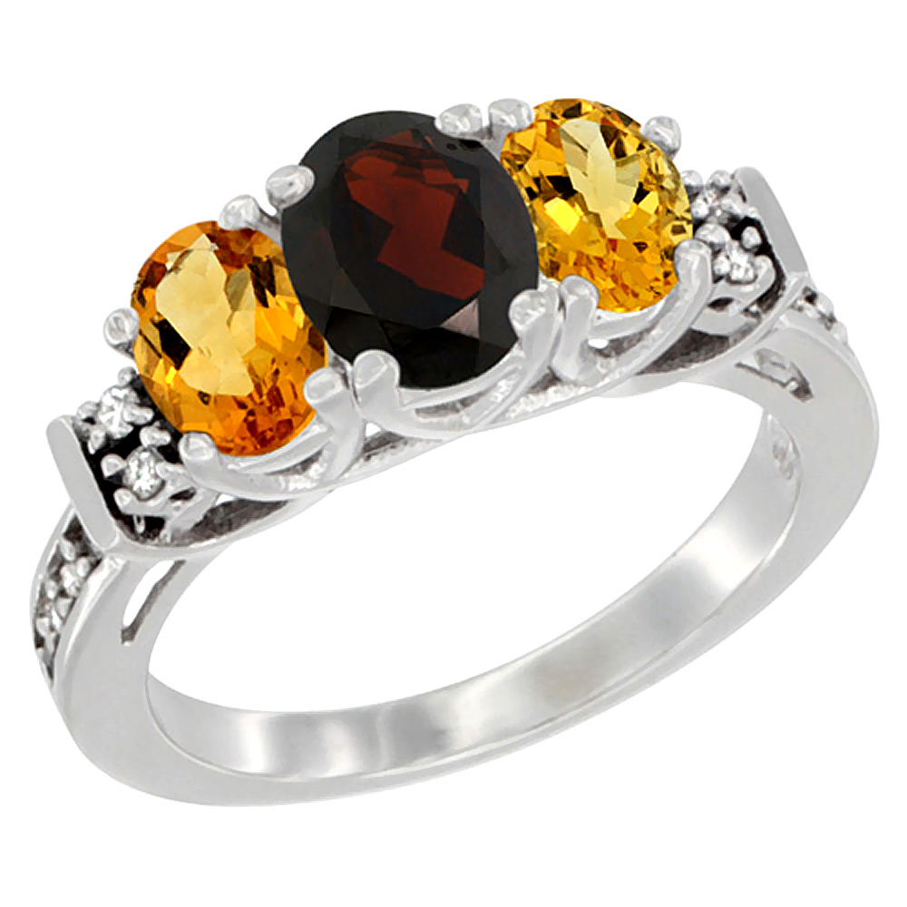 10K White Gold Natural Garnet & Citrine Ring 3-Stone Oval Diamond Accent, sizes 5-10