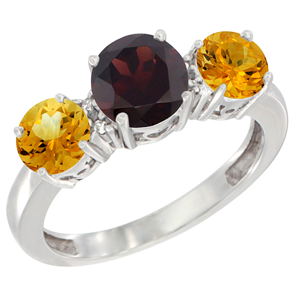 10K White Gold Round 3-Stone Natural Garnet Ring & Citrine Sides Diamond Accent, sizes 5 - 10