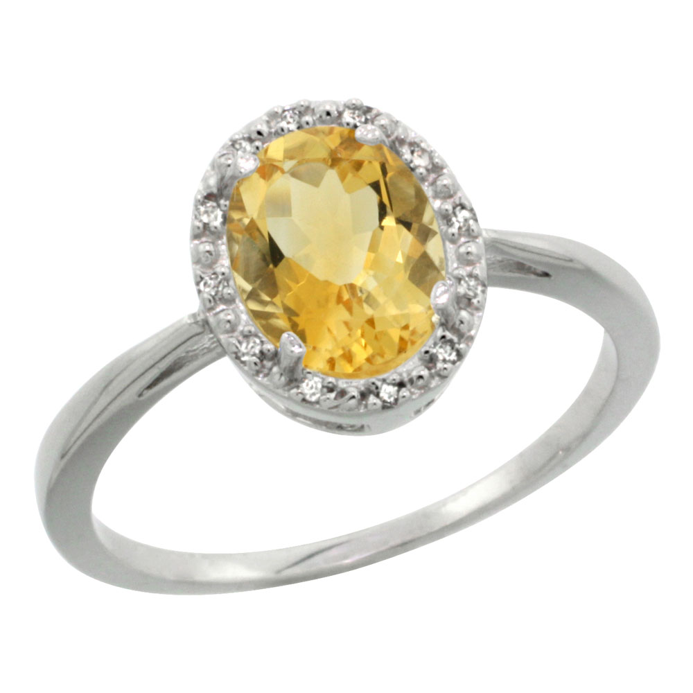 14K White Gold Natural Citrine Diamond Halo Ring Oval 8X6mm, sizes 5-10