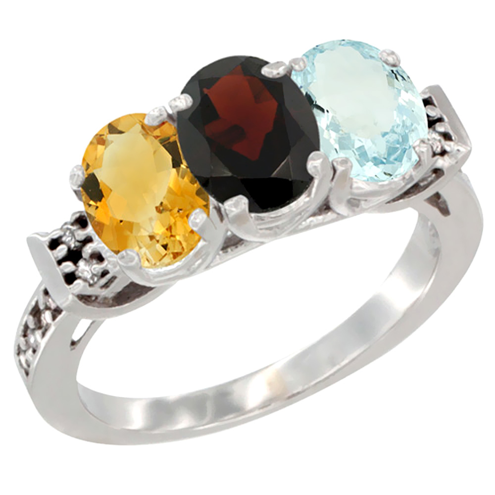 10K White Gold Natural Citrine, Garnet & Aquamarine Ring 3-Stone Oval 7x5 mm Diamond Accent, sizes 5 - 10