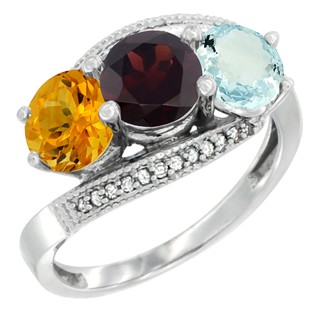 10K White Gold Natural Citrine, Garnet & Aquamarine 3 stone Ring Round 6mm Diamond Accent, sizes 5 - 10