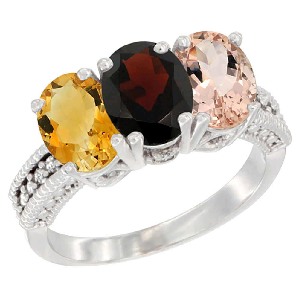 10K White Gold Natural Citrine, Garnet & Morganite Ring 3-Stone Oval 7x5 mm Diamond Accent, sizes 5 - 10