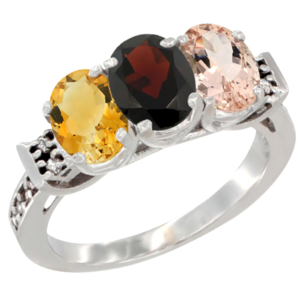 10K White Gold Natural Citrine, Garnet & Morganite Ring 3-Stone Oval 7x5 mm Diamond Accent, sizes 5 - 10