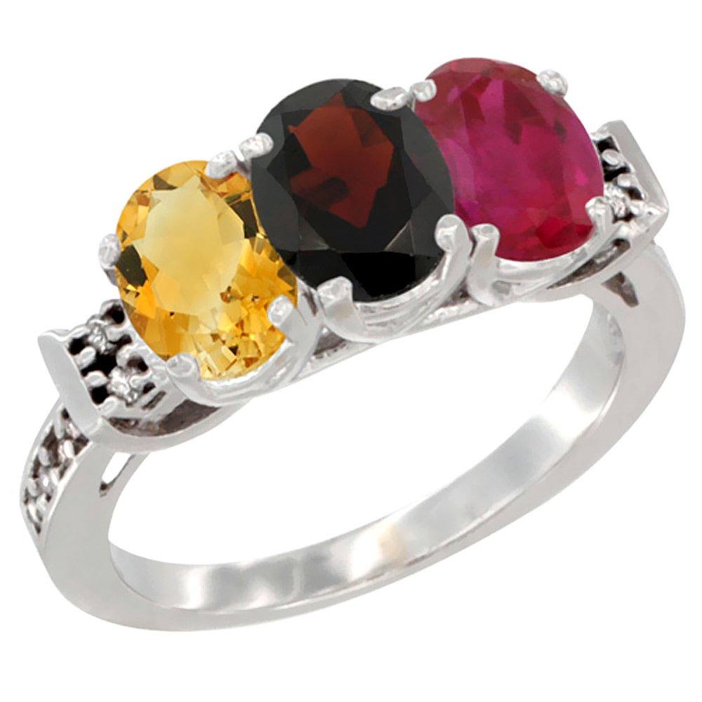10K White Gold Natural Citrine, Garnet & Enhanced Ruby Ring 3-Stone Oval 7x5 mm Diamond Accent, sizes 5 - 10