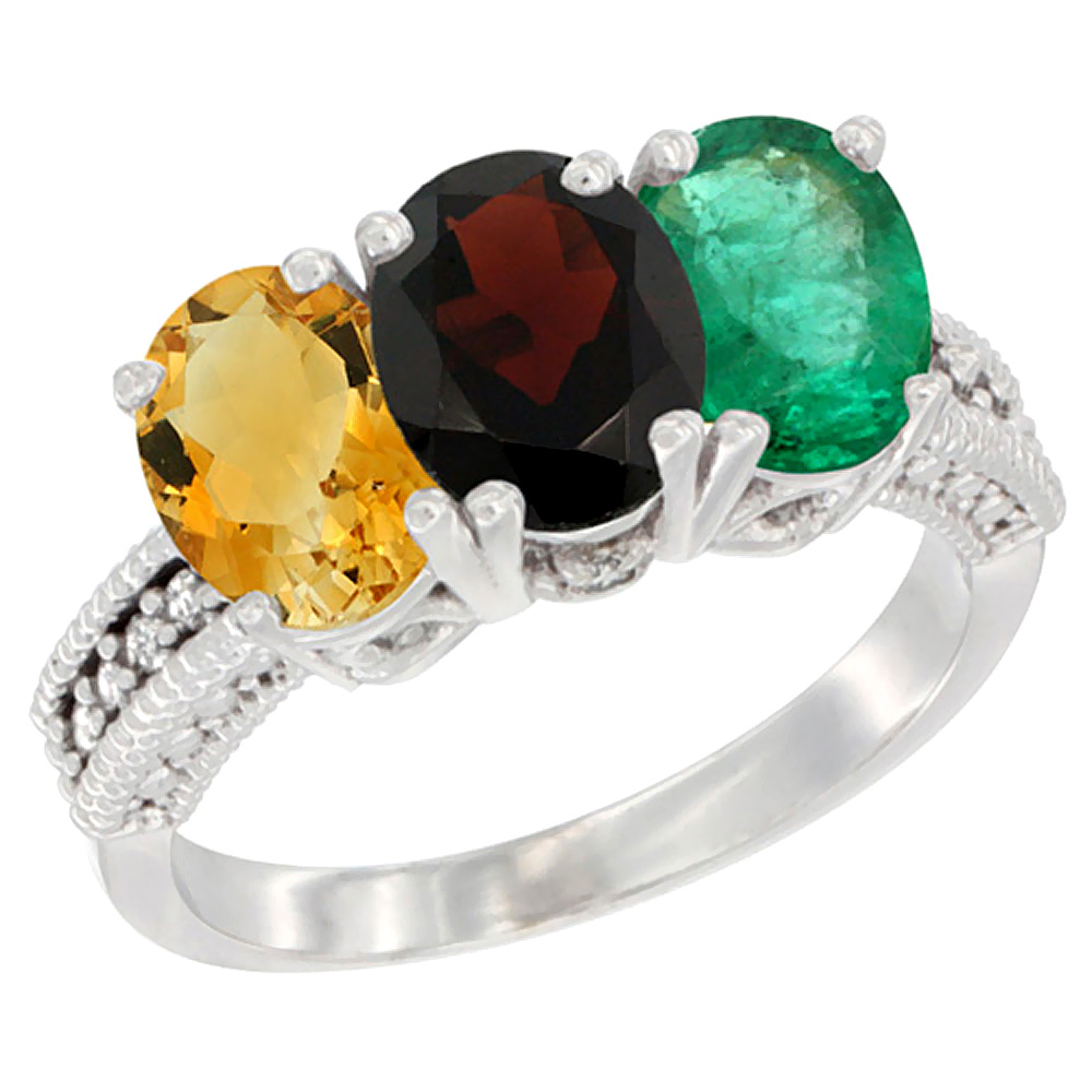10K White Gold Natural Citrine, Garnet & Emerald Ring 3-Stone Oval 7x5 mm Diamond Accent, sizes 5 - 10