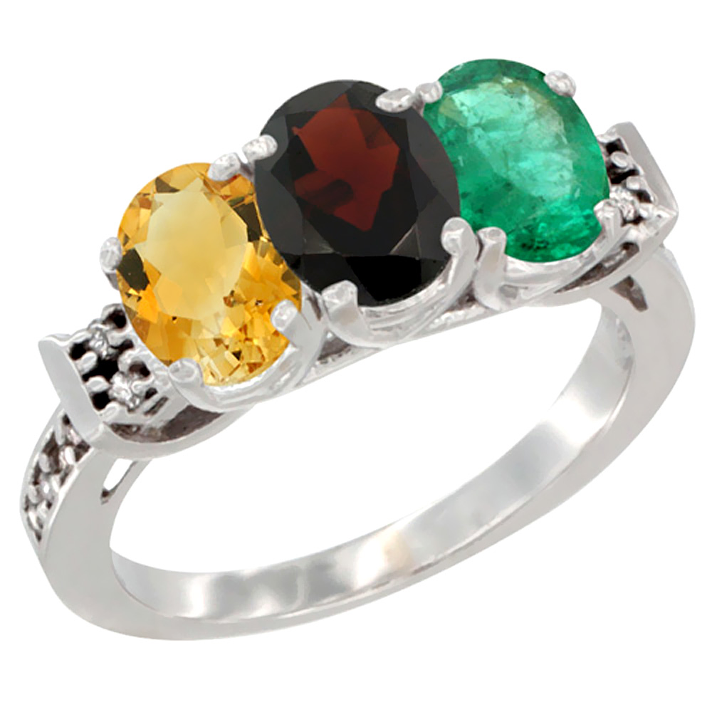 10K White Gold Natural Citrine, Garnet & Emerald Ring 3-Stone Oval 7x5 mm Diamond Accent, sizes 5 - 10