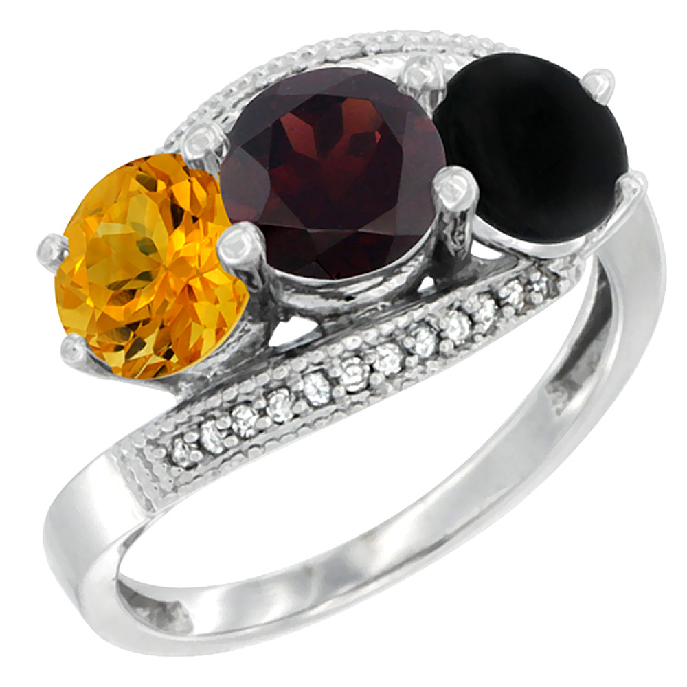 10K White Gold Natural Citrine, Garnet & Black Onyx 3 stone Ring Round 6mm Diamond Accent, sizes 5 - 10