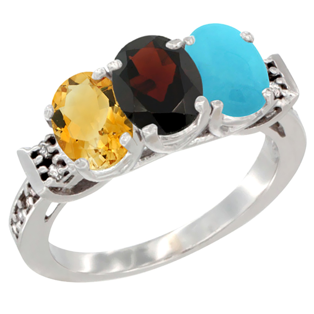 10K White Gold Natural Citrine, Garnet & Turquoise Ring 3-Stone Oval 7x5 mm Diamond Accent, sizes 5 - 10