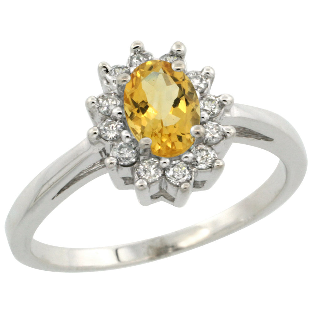 14K White Gold Natural Citrine Flower Diamond Halo Ring Oval 6x4 mm, sizes 5-10