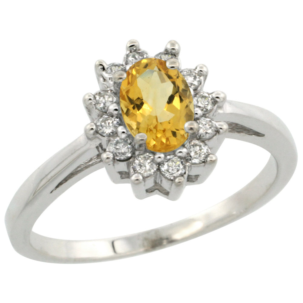 10K White Gold Natural Citrine Flower Diamond Halo Ring Oval 6x4 mm, sizes 5-10