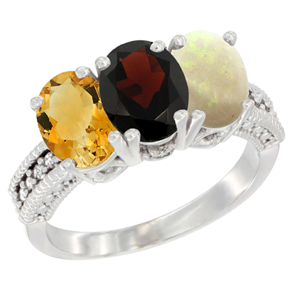 10K White Gold Natural Citrine, Garnet & Opal Ring 3-Stone Oval 7x5 mm Diamond Accent, sizes 5 - 10