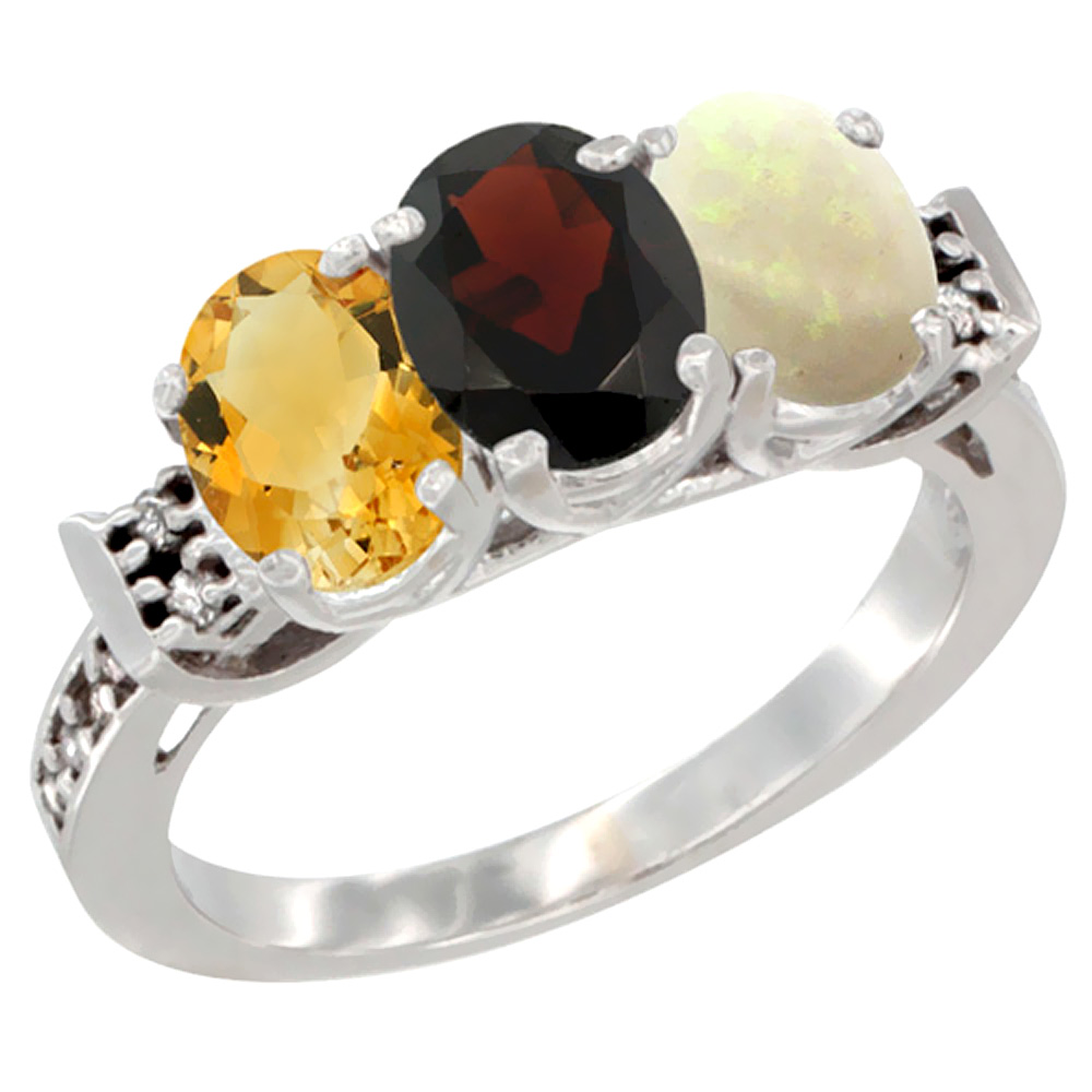 10K White Gold Natural Citrine, Garnet & Opal Ring 3-Stone Oval 7x5 mm Diamond Accent, sizes 5 - 10