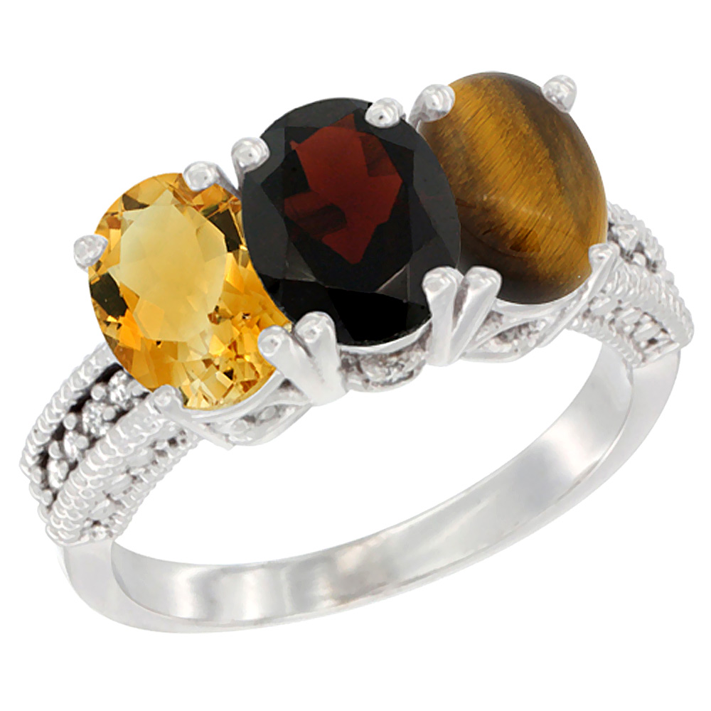 10K White Gold Natural Citrine, Garnet & Tiger Eye Ring 3-Stone Oval 7x5 mm Diamond Accent, sizes 5 - 10