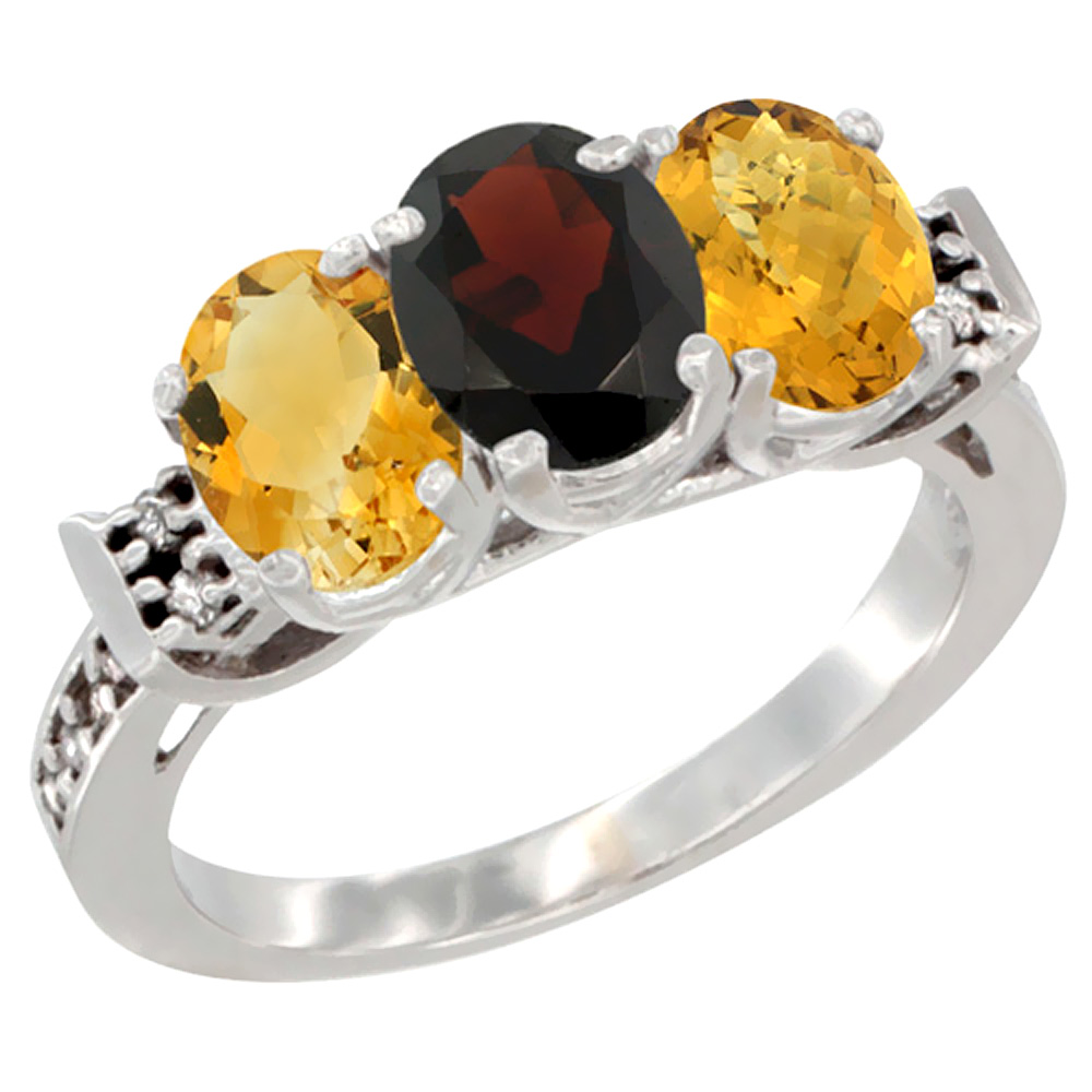 10K White Gold Natural Citrine, Garnet & Whisky Quartz Ring 3-Stone Oval 7x5 mm Diamond Accent, sizes 5 - 10