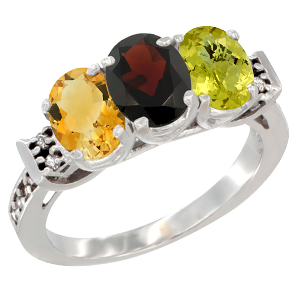 14K White Gold Natural Citrine, Garnet & Lemon Quartz Ring 3-Stone 7x5 mm Oval Diamond Accent, sizes 5 - 10