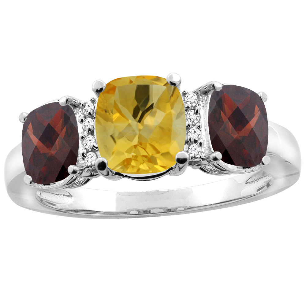 10K Yellow Gold Natural Citrine & Garnet 3-stone Ring Cushion 8x6mm Diamond Accent, sizes 5 - 10