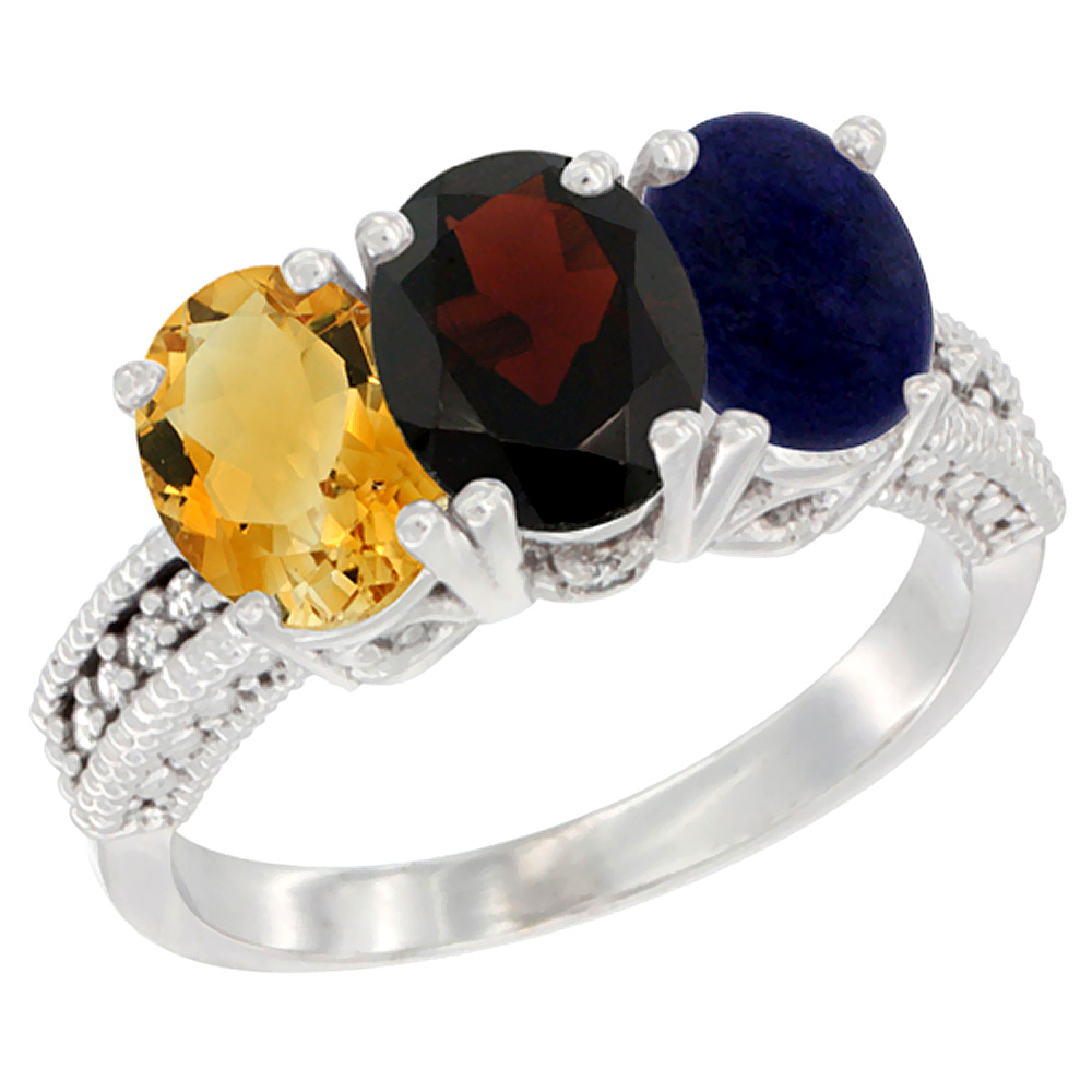 14K White Gold Natural Citrine, Garnet & Lapis Ring 3-Stone 7x5 mm Oval Diamond Accent, sizes 5 - 10