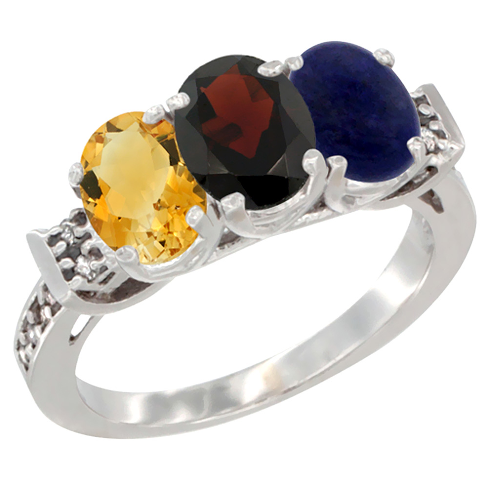 14K White Gold Natural Citrine, Garnet & Lapis Ring 3-Stone 7x5 mm Oval Diamond Accent, sizes 5 - 10