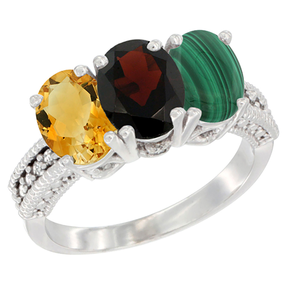 14K White Gold Natural Citrine, Garnet & Malachite Ring 3-Stone 7x5 mm Oval Diamond Accent, sizes 5 - 10