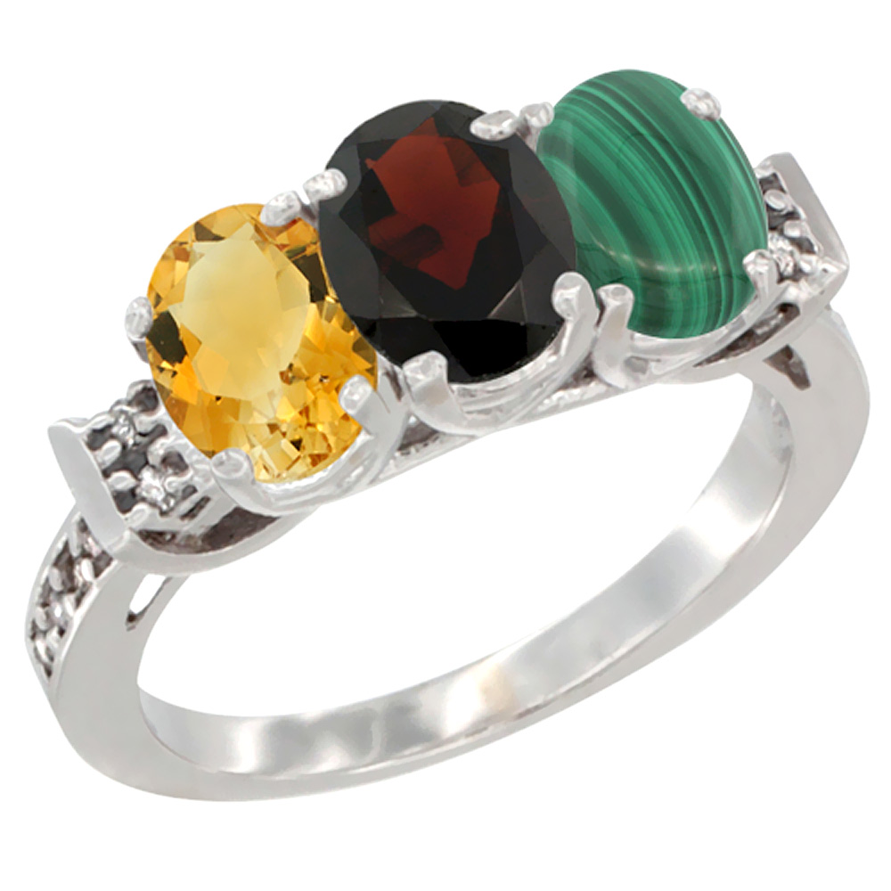 14K White Gold Natural Citrine, Garnet & Malachite Ring 3-Stone 7x5 mm Oval Diamond Accent, sizes 5 - 10