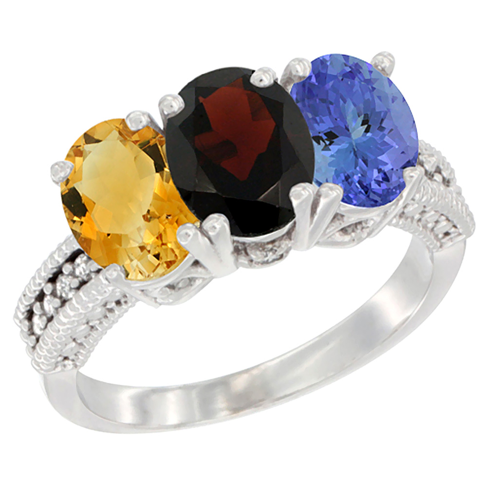 14K White Gold Natural Citrine, Garnet & Tanzanite Ring 3-Stone 7x5 mm Oval Diamond Accent, sizes 5 - 10