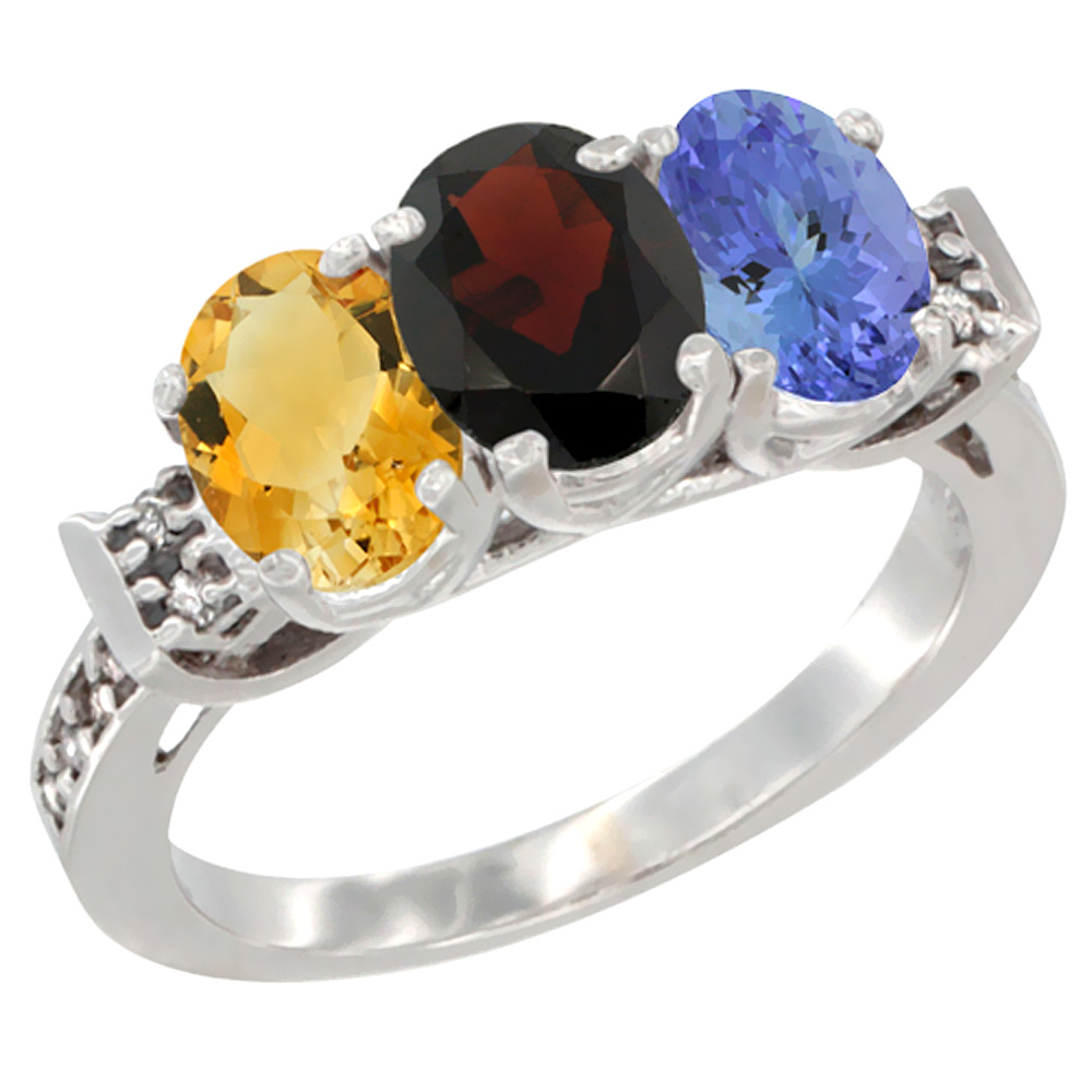 14K White Gold Natural Citrine, Garnet & Tanzanite Ring 3-Stone 7x5 mm Oval Diamond Accent, sizes 5 - 10