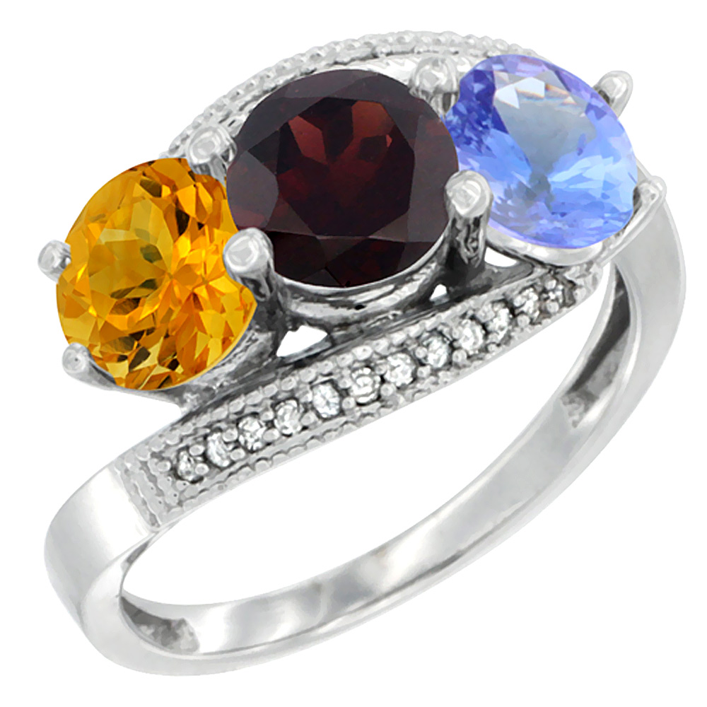 14K White Gold Natural Citrine, Garnet & Tanzanite 3 stone Ring Round 6mm Diamond Accent, sizes 5 - 10