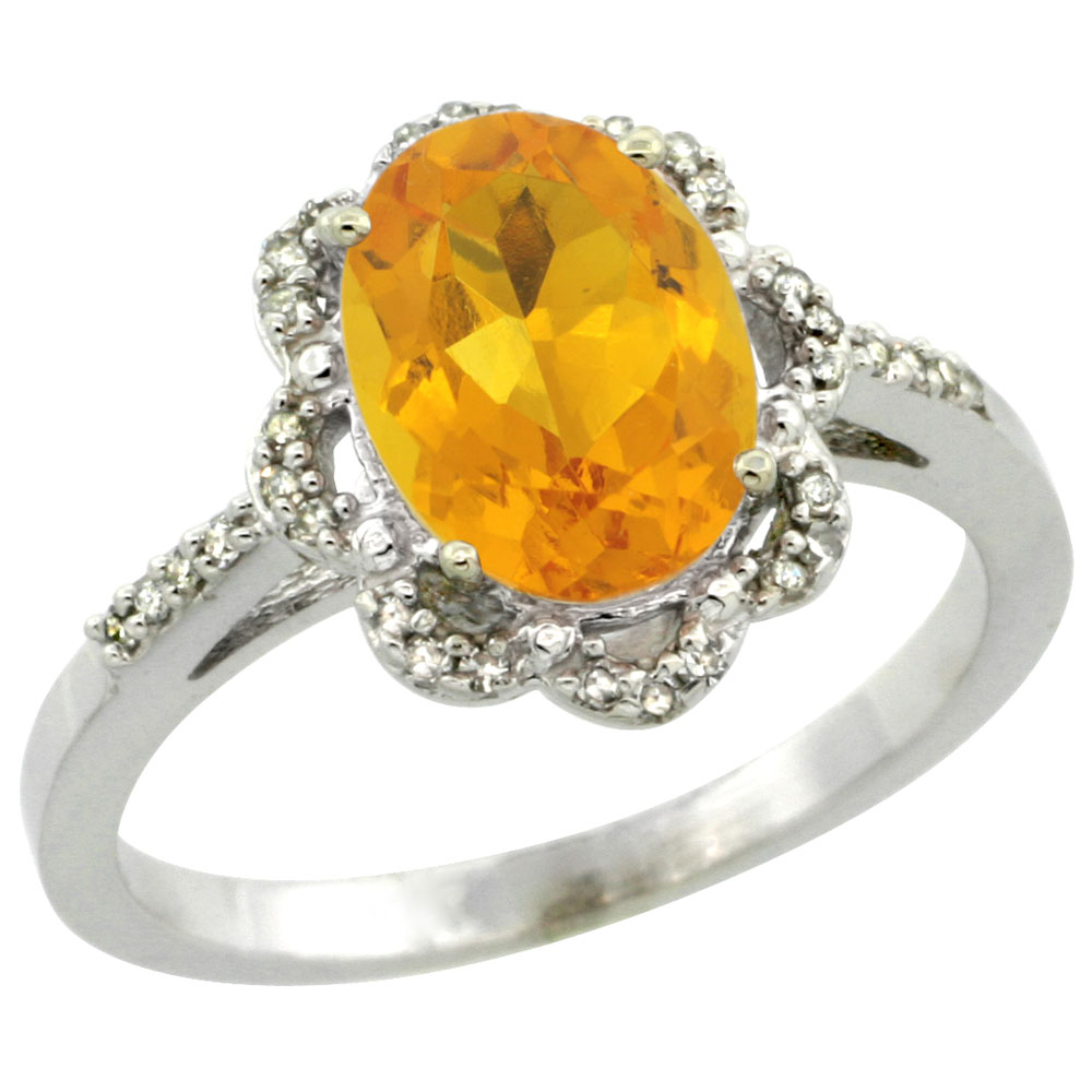 10K White Gold Diamond Halo Natural Citrine Engagement Ring Oval 9x7mm, sizes 5-10