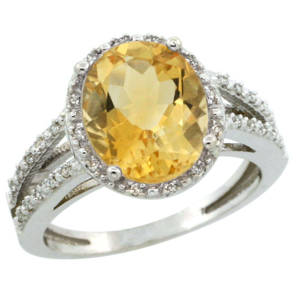 10K White Gold Diamond Natural Citrine Ring Oval 11x9mm, sizes 5-10