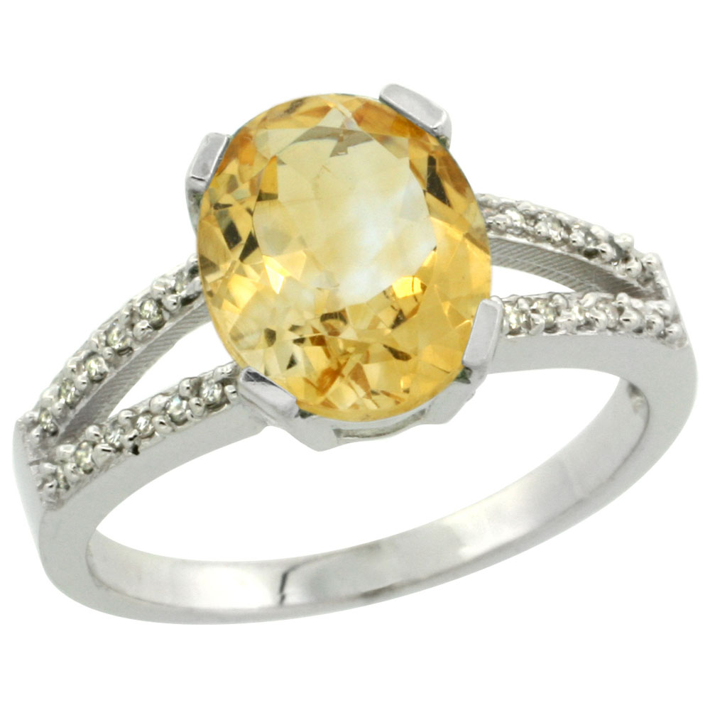 10K White Gold Diamond Natural Citrine Engagement Ring Oval 10x8mm, sizes 5-10