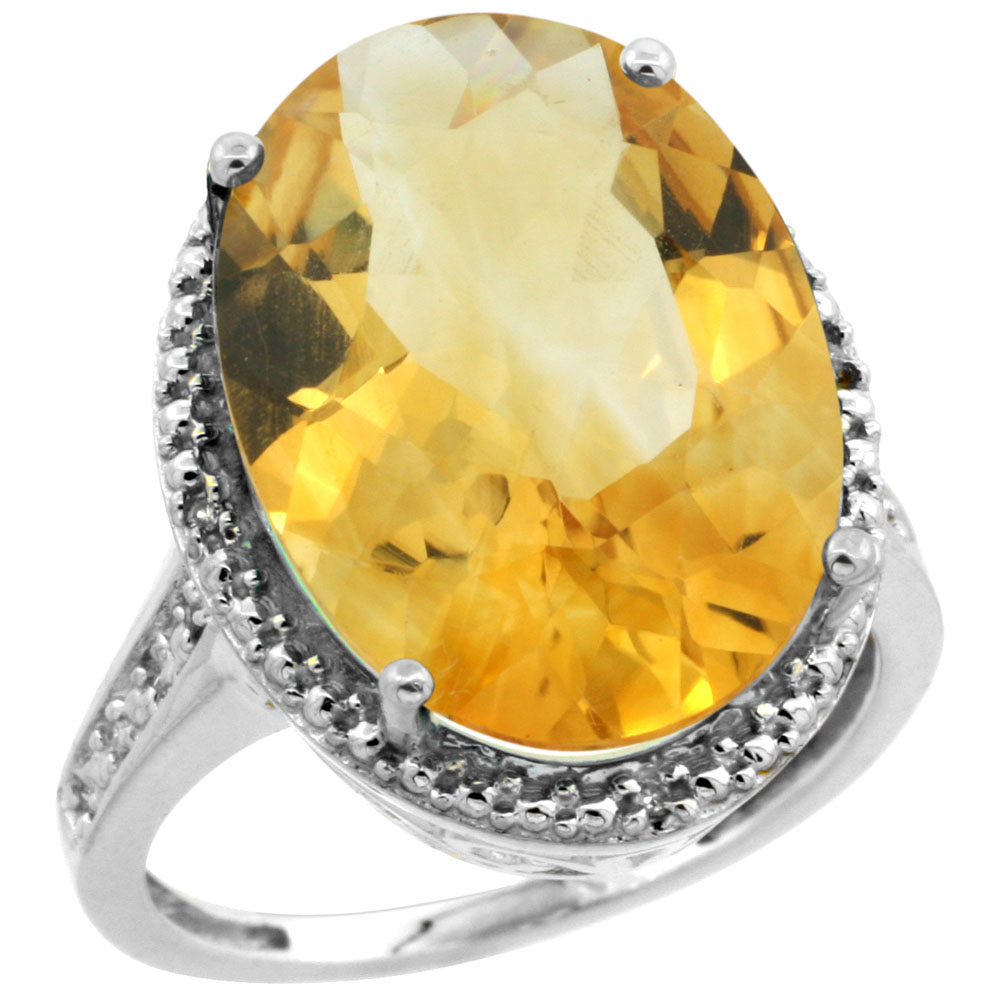 14K White Gold Diamond Natural Citrine Ring Oval 18x13mm, sizes 5-10