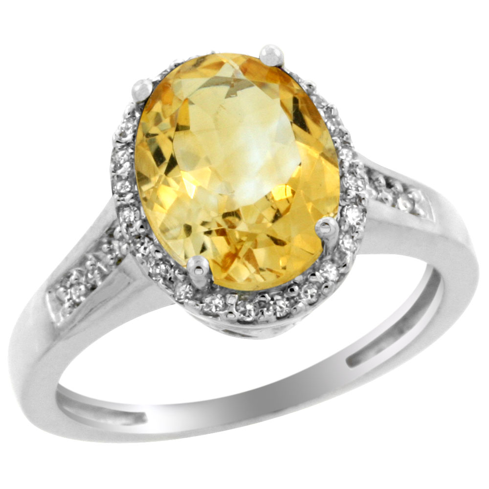 14K White Gold Diamond Natural Citrine Engagement Ring Oval 10x8mm, sizes 5-10