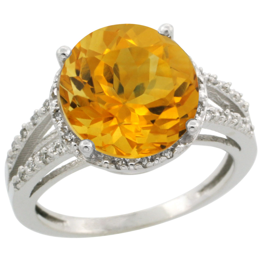 14K White Gold Diamond Natural Citrine Ring Round 11mm, sizes 5-10