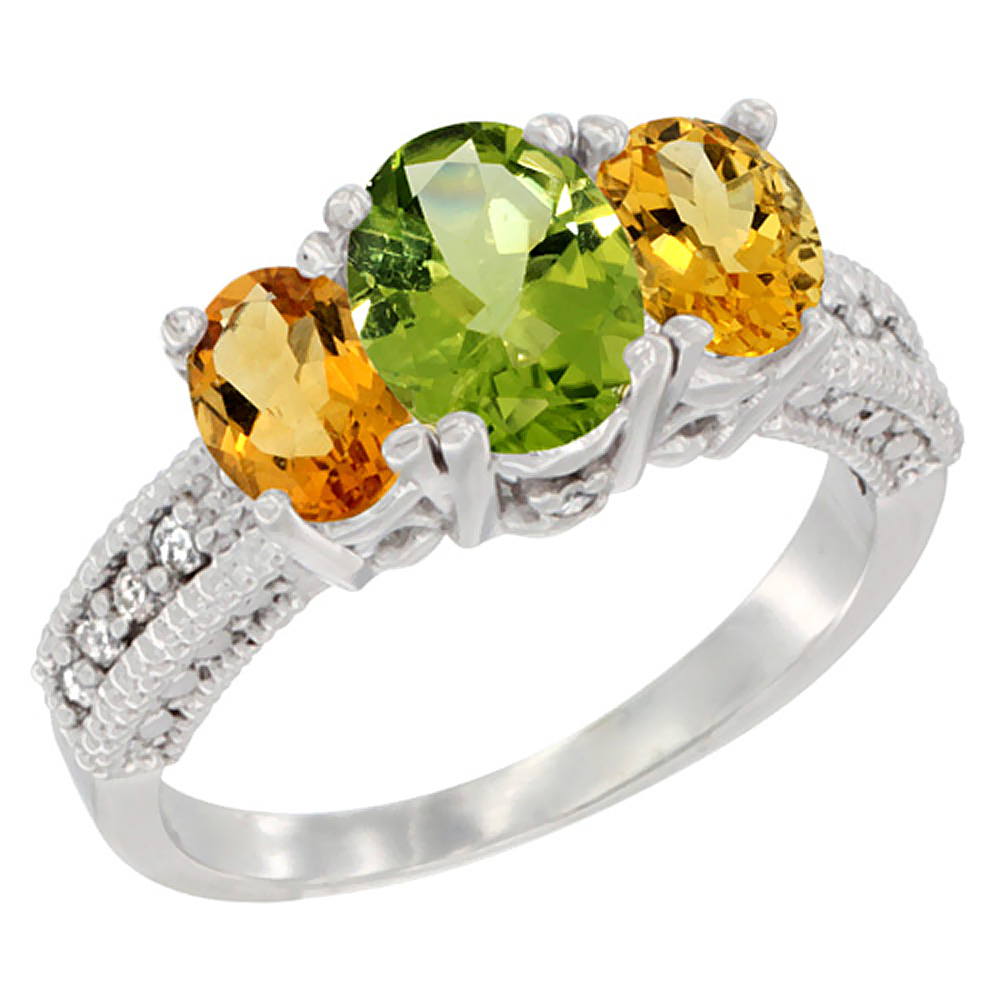 10K White Gold Diamond Natural Peridot Ring Oval 3-stone with Citrine, sizes 5 - 10