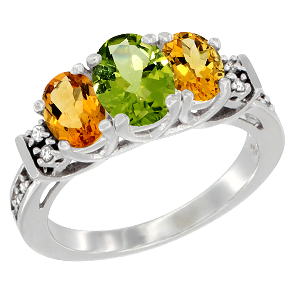 14K White Gold Natural Peridot & Citrine Ring 3-Stone Oval Diamond Accent, sizes 5-10