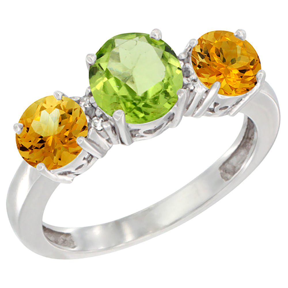 10K White Gold Round 3-Stone Natural Peridot Ring &amp; Citrine Sides Diamond Accent, sizes 5 - 10