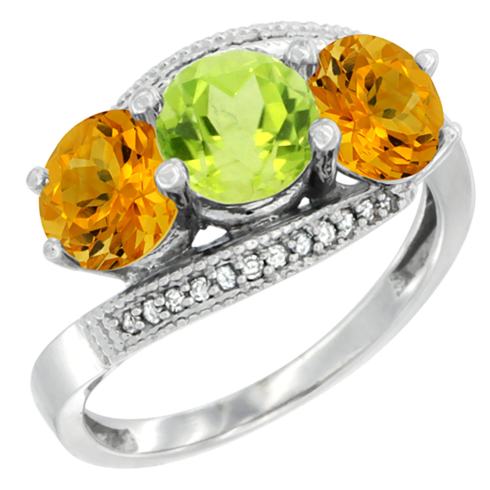 10K White Gold Natural Peridot &amp; Citrine Sides 3 stone Ring Round 6mm Diamond Accent, sizes 5 - 10